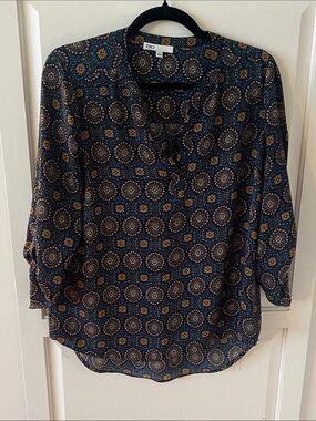 DR2 Navy and Mustard Medallion V-Neck Blouse